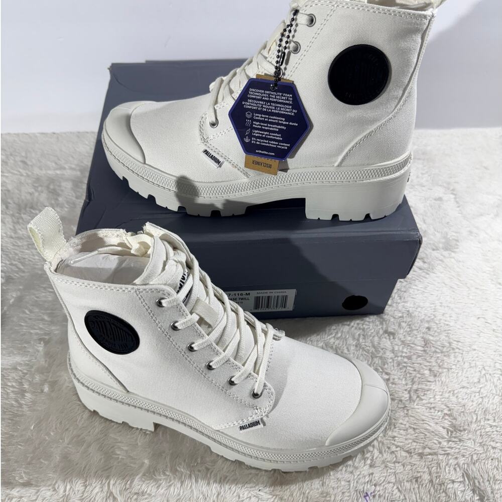 Palladium Pallabase Twill Star White Canvas Combat Zip Size 7.5 Lug Platform NIB